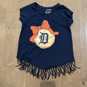 Detroit Tigers Shirt Girl Small 6-8 Blue MLB Baseball Fringe Bow Tiny Turnip Tee